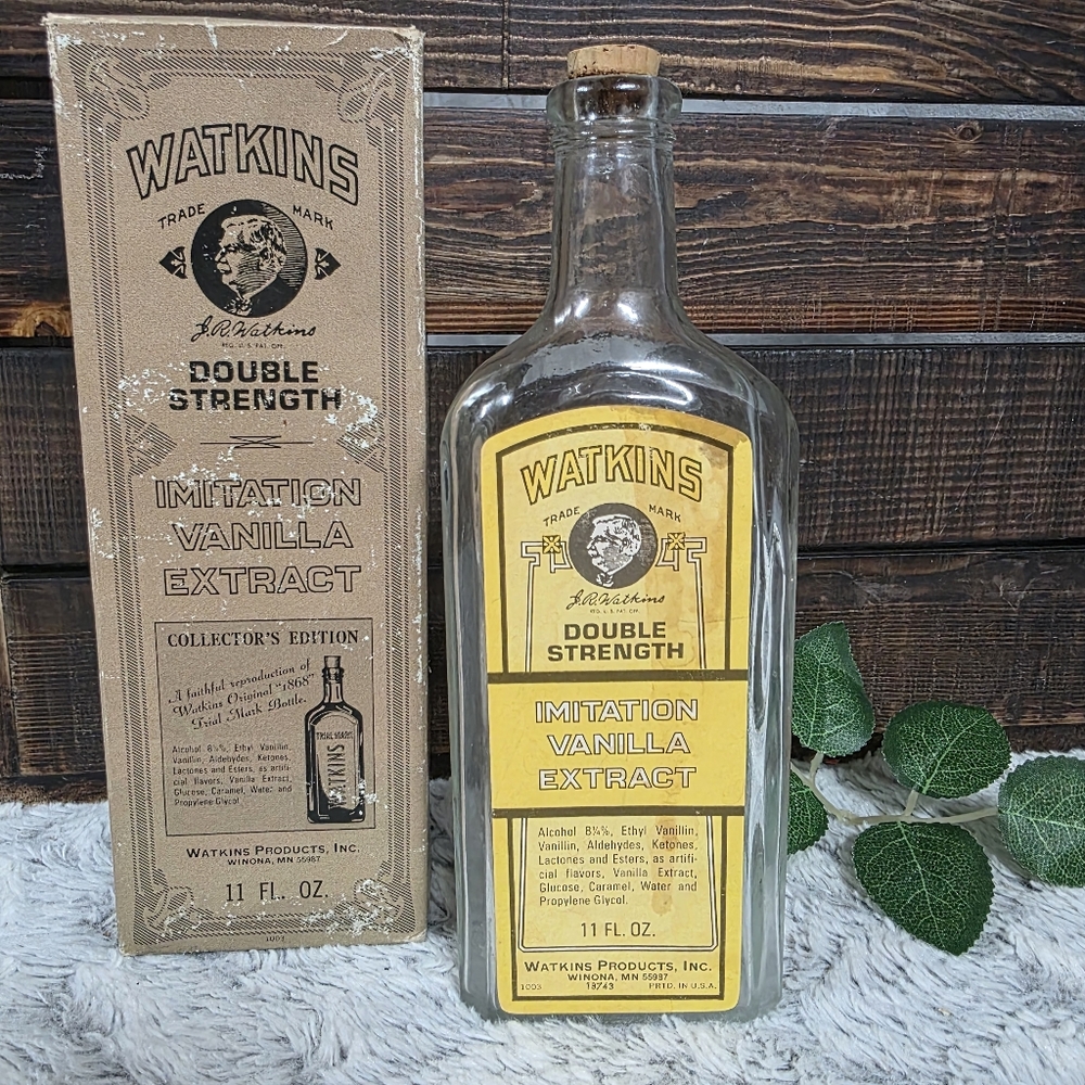 Vintage Watkins Reproduction Imitation Vanilla Extract Glass Bottle 11 oz & Box